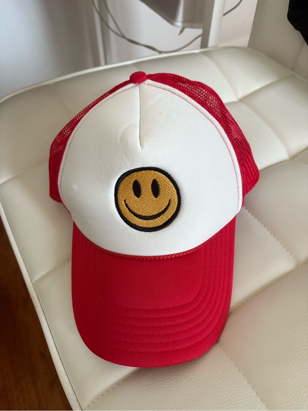 Red and White Smiley Face Trucker Hat